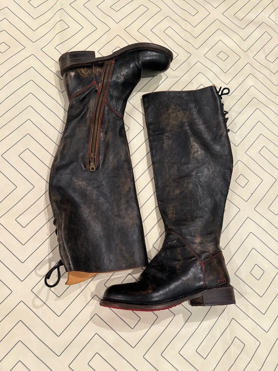 BED|STU Shoes - Bed | Stu Distressed Black Leather Riding Boots with Tie Calf